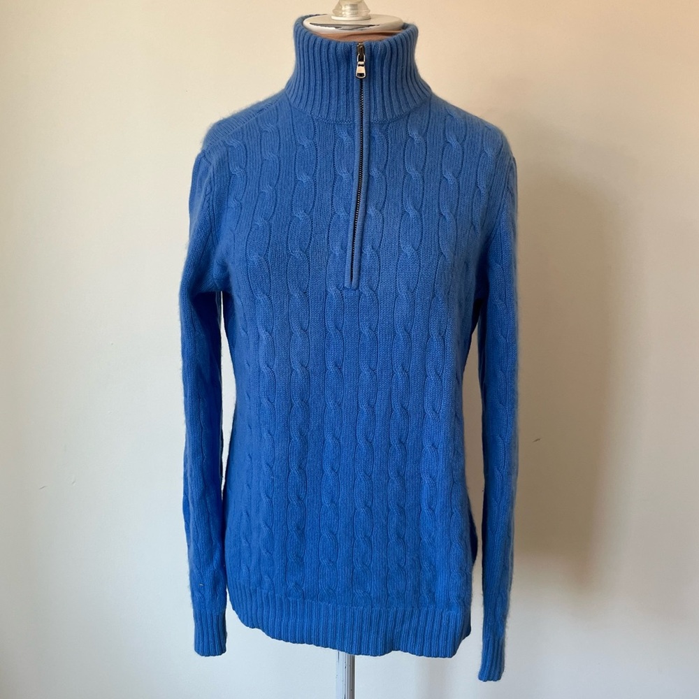 Ralph Lauren Black Label Blue Cashmere Cable Knit Quarter Zip Sweater EUC Size L